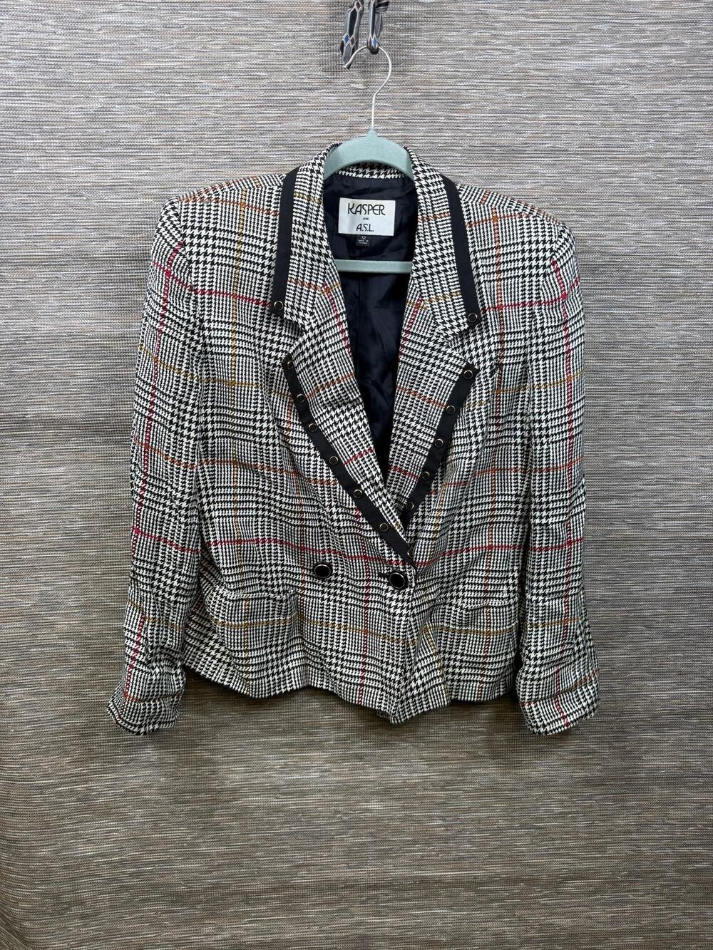 Vintage Kasper Blazer Womens Size 12 Houndstooth Tweed Grommet Jacket *READ